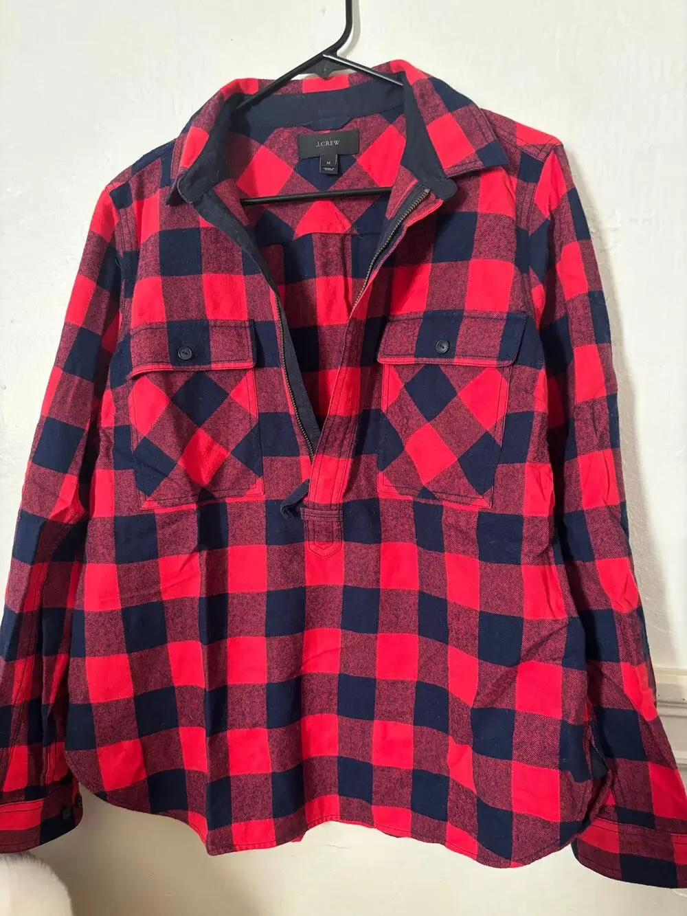 J.Crew Buffalo Plaid Popover Shirt Women’s Medium Red Navy Wool Blend